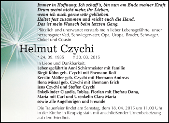 Traueranzeige von Helmut Czychi von WVG - Wochenspiegel Dessau / Köthen