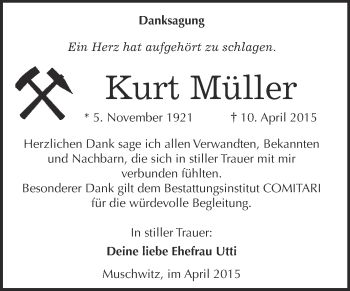 Traueranzeige von Kurt Müller von WVG - Wochenspiegel NMB / WSF / ZTZ