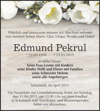 Traueranzeige von Edmund Pekrul von WVG - Wochenspiegel Merseburg