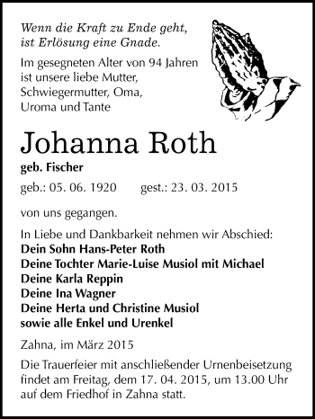 Traueranzeige von Johanna Roth von WVG - Wochenspiegel Wittenberg