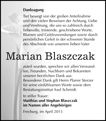 Traueranzeige von Marian Blaszczak von Mitteldeutsche Zeitung Naumburg/Nebra