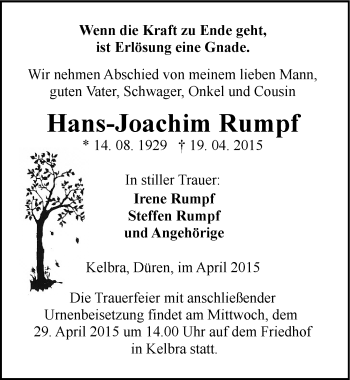 Traueranzeige von Hans-Joachim Rumpf von Mitteldeutsche Zeitung Sangerhausen