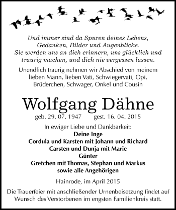 Traueranzeige von Wolfgang Dähne von Mitteldeutsche Zeitung Sangerhausen