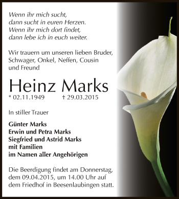 Traueranzeige von Heinz Marks von Super Sonntag Bernburg