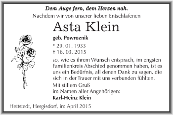 Traueranzeige von Asta Klein von Wochenspiegel Mansfelder Land