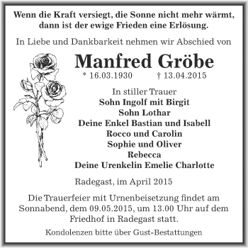 Traueranzeige von Manfred Gröbe von WVG - Wochenspiegel Dessau / Köthen