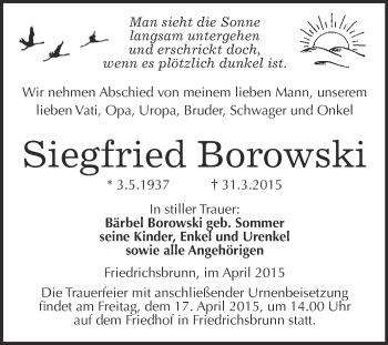 Traueranzeige von Siegfried Borowski von WVG - Wochenspiegel Quedlinburg