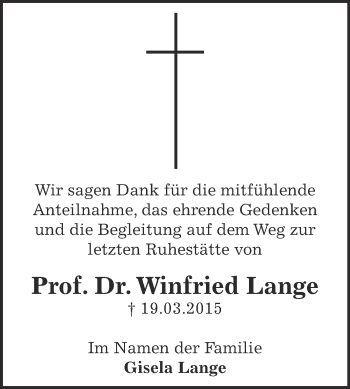 Traueranzeige von Winfried Lange von WVG - Wochenspiegel Dessau / Köthen
