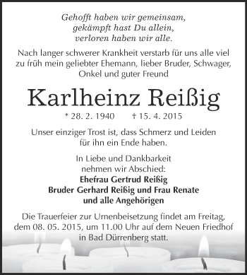 Traueranzeige von Karlheinz Reißig von Super Sonntag Merseburg