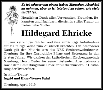 Traueranzeige von Hildegard Ehricke von Mitteldeutsche Zeitung Bernburg