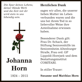 Traueranzeige von Johanna Horn von Super Sonntag Zeitz