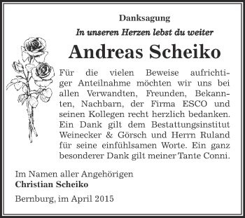 Traueranzeige von Andreas Scheiko von Super Sonntag Bernburg