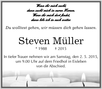 Traueranzeige von Steven Müller von Mitteldeutsche Zeitung Mansfelder Land