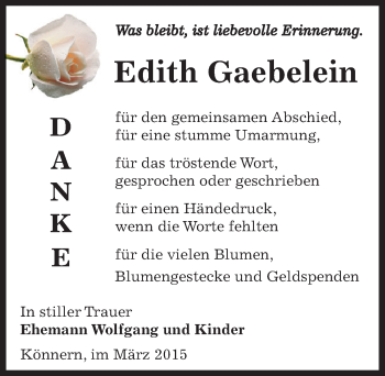 Traueranzeige von Edith Gaebelein von Mitteldeutsche Zeitung Bernburg