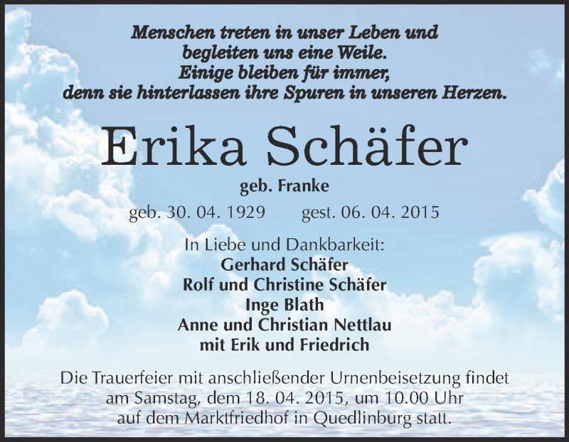  Traueranzeige für Erika Schäfer vom 12.04.2015 aus WVG - Wochenspiegel Quedlinburg