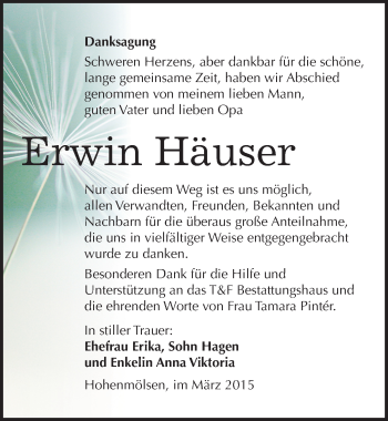 Traueranzeige von Erwin Häuser von Mitteldeutsche Zeitung Weißenfels