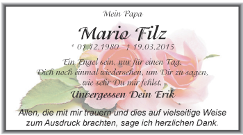 Traueranzeige von Mario Filz von WVG - Wochenspiegel Dessau / Köthen