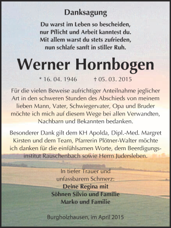 Traueranzeige von Werner Hornbogen von WVG - Wochenspiegel NMB / WSF / ZTZ