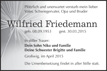 Traueranzeige von Wilfried Friedemann von WVG - Wochenspiegel Wittenberg