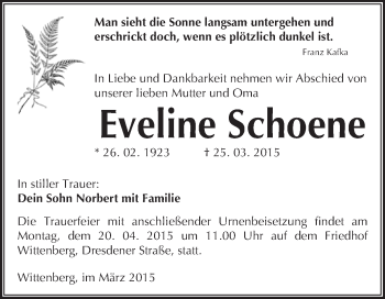 Traueranzeige von Eveline Schoene von WVG - Wochenspiegel Wittenberg