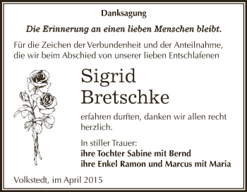 Traueranzeige von Sigrid Bretschke von Wochenspiegel Mansfelder Land