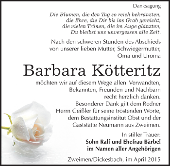 Traueranzeige von Barbara Kötteritz von Mitteldeutsche Zeitung Merseburg/Querfurt