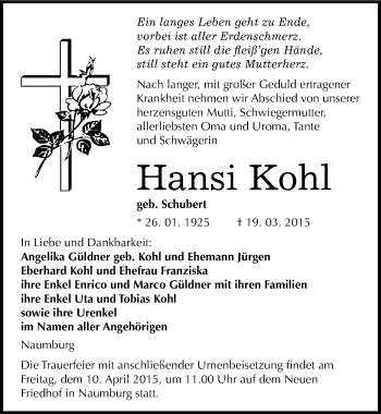Traueranzeige von Hansi Kohl von Mitteldeutsche Zeitung Naumburg/Nebra