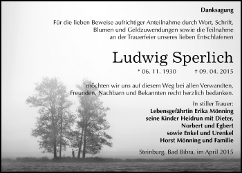 Traueranzeige von Ludwig Sperlich von Mitteldeutsche Zeitung Naumburg/Nebra