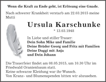 Traueranzeige von Ursula Karschunke von WVG - Wochenspiegel Dessau / Köthen