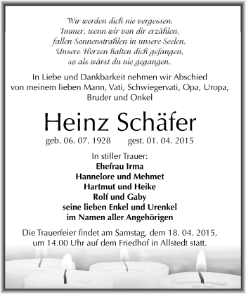 Traueranzeige von Heinz Schäfer von Mitteldeutsche Zeitung Sangerhausen