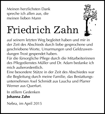 Traueranzeige von Friedrich Zahn von Mitteldeutsche Zeitung Naumburg/Nebra