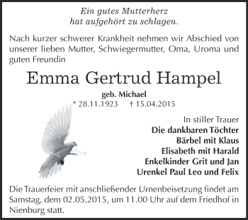 Traueranzeige von Emma Gertrud Hampel von Super Sonntag Bernburg