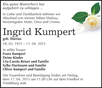 Traueranzeige von Ingrid Kumpert von Mitteldeutsche Zeitung Mansfelder Land
