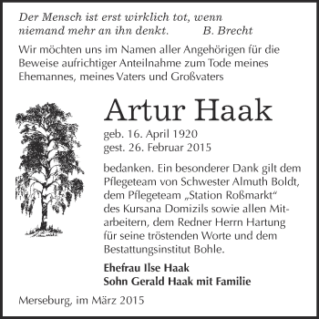 Traueranzeige von Artur Haak von Super Sonntag Merseburg