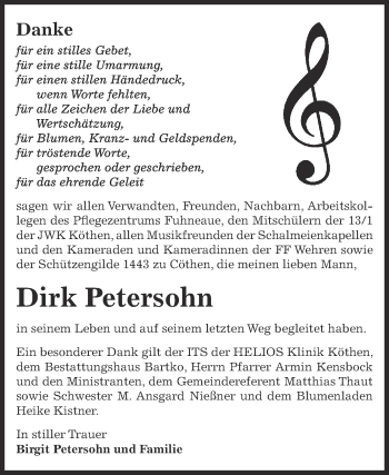 Traueranzeige von Dirk Petersohn von WVG - Wochenspiegel Dessau / Köthen