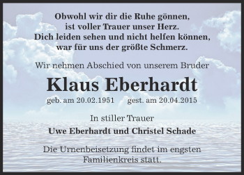 Traueranzeige von Klaus Eberhardt von Super Sonntag Bernburg
