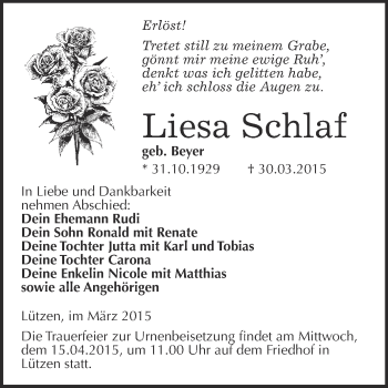 Traueranzeige von Liesa Schlaf von Super Sonntag Merseburg