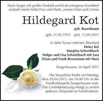 Traueranzeige von Hildegard Kot von Mitteldeutsche Zeitung Sangerhausen