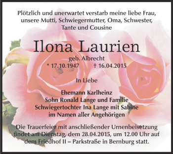 Traueranzeige von Ilona Laurien von Super Sonntag Bernburg