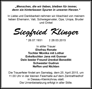 Traueranzeige von Siegfried Klinger von Mitteldeutsche Zeitung Dessau-Roßlau