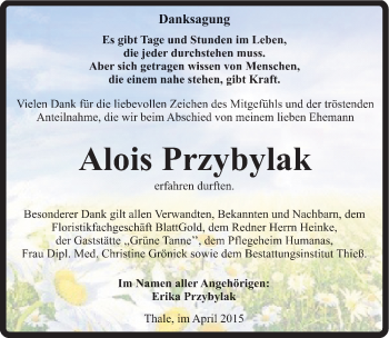 Traueranzeige von Alois Przybylak von Mitteldeutsche Zeitung Quedlinburg