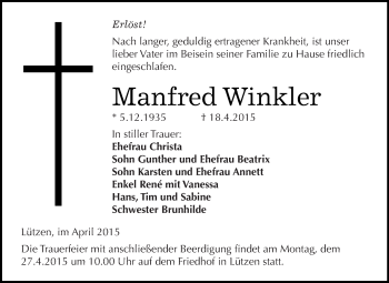 Traueranzeige von Manfred Winkler von Super Sonntag Merseburg