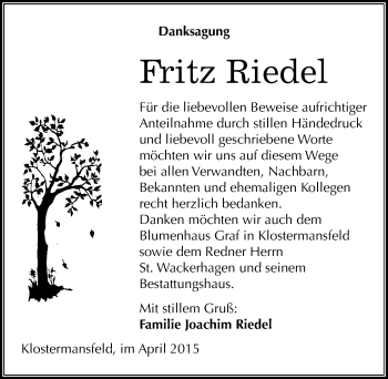 Traueranzeige von Fritz Riedel von Mitteldeutsche Zeitung Mansfelder Land