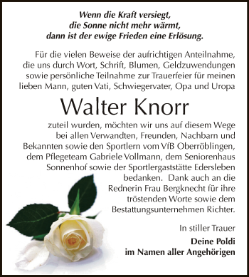 Traueranzeige von Walter Knorr von Super Sonntag SGH Mansf. Land