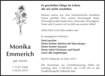 Traueranzeige von Monika Emmerich von Wochenspiegel Mansfelder Land