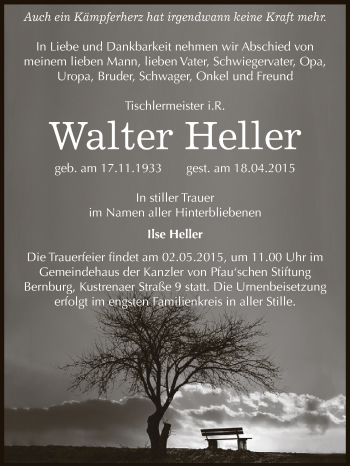 Traueranzeige von Walter Heller von Super Sonntag Bernburg