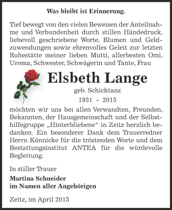 Traueranzeige von Elsbeth Lange von Super Sonntag Zeitz