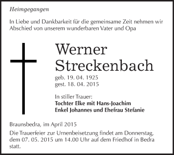 Traueranzeige von Werner Streckenbach von WVG - Wochenspiegel Merseburg