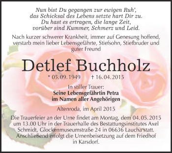 Traueranzeige von Detlef Buchholz von WVG - Wochenspiegel NMB / WSF / ZTZ
