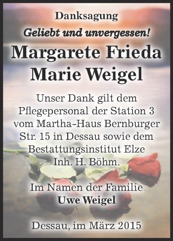 Traueranzeige von Margarete Frieda Marie Weigel von WVG - Wochenspiegel Dessau / Köthen